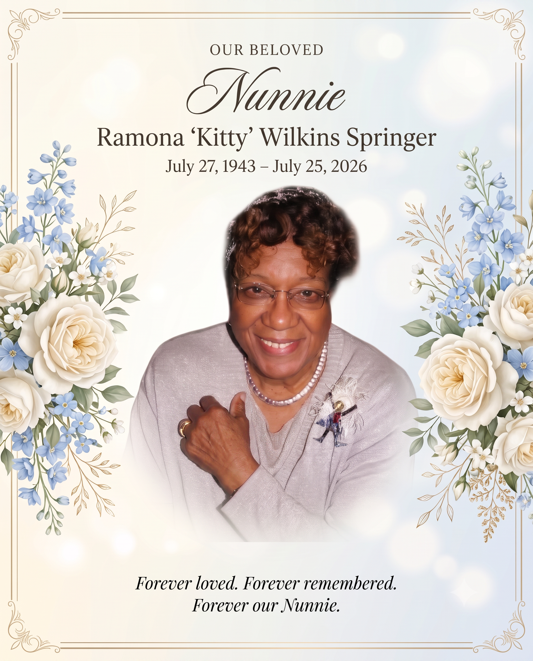 Memorial portrait of Ramona 'Kitty' Springer surrounded by white roses and forget-me-nots