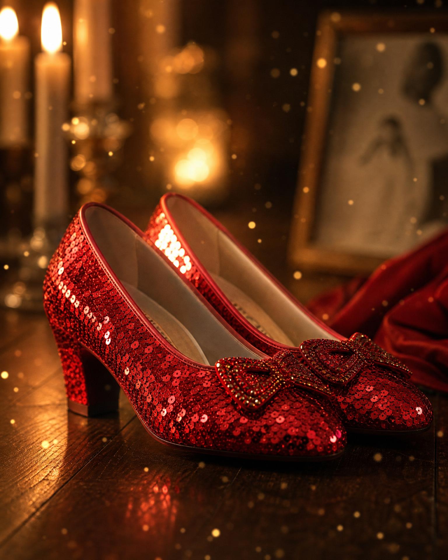 A pair of ruby-red sequined shoes glowing in warm candlelight