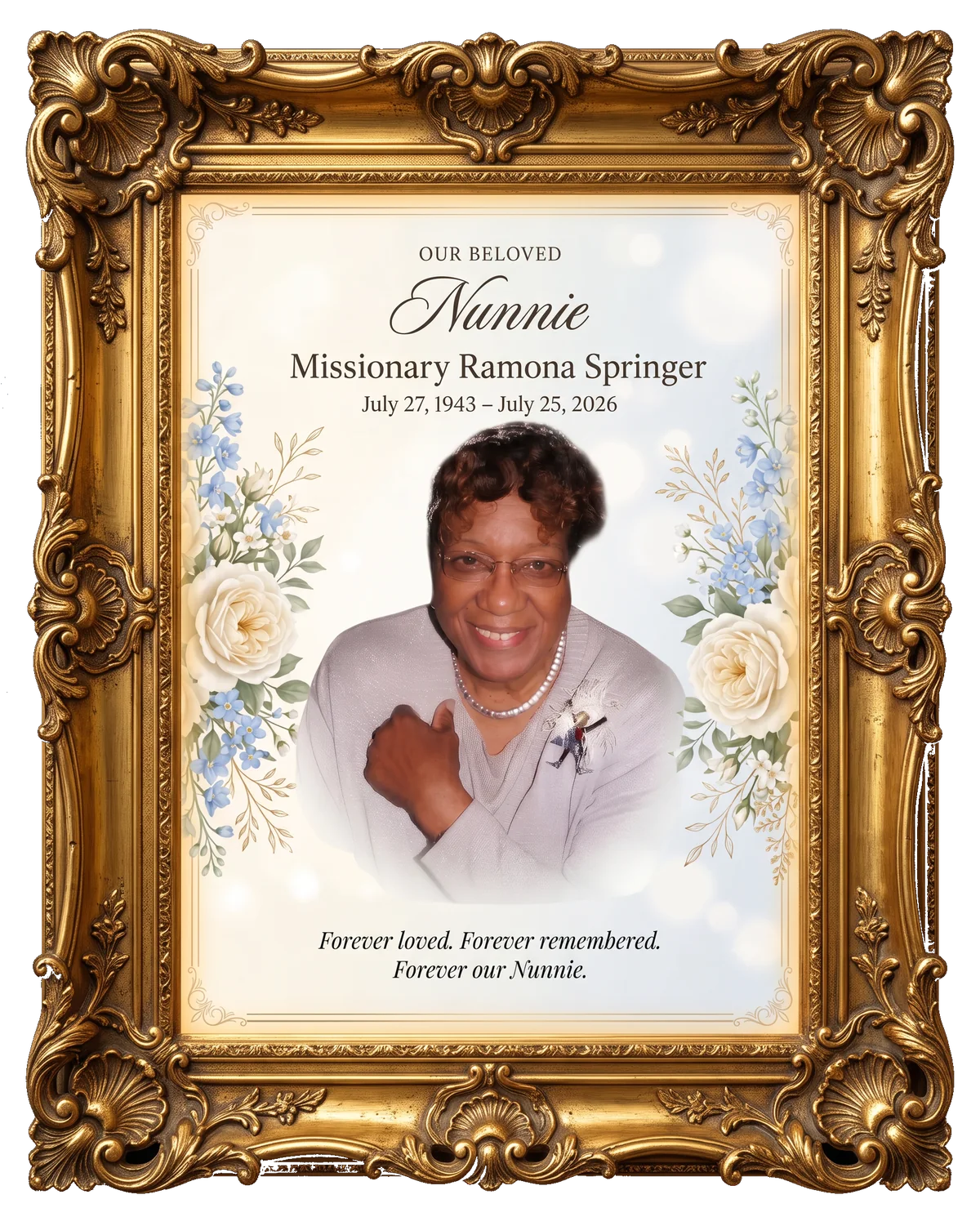 Memorial card for Missionary Ramona Springer — Our Beloved Nunnie, July 27, 1943 – July 25, 2026